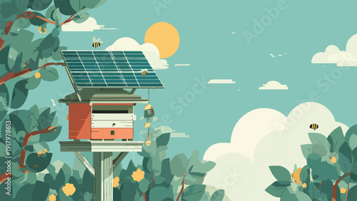 A hive and solar panel structure is situated among lush green trees under a bright sun and blue sky