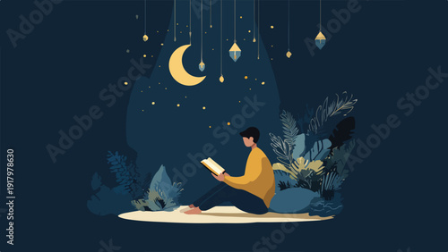 A person sits reading a book under a crescent moon and starry night sky