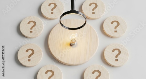 Wallpaper Mural Wooden question marks encircling a central illuminated idea, viewed through a magnifying glass Torontodigital.ca