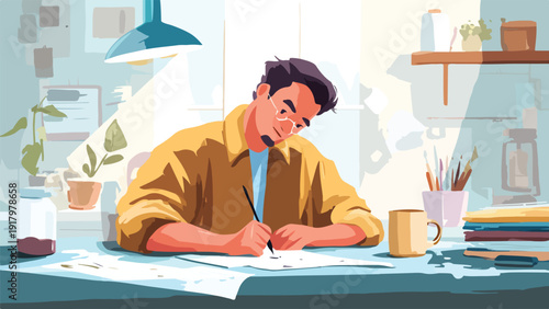 An artist meticulously sketches on paper under a desk lamp, surrounded by art supplies