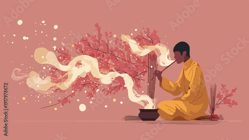 A monk in orange robes meditates near an incense burner and a blooming tree