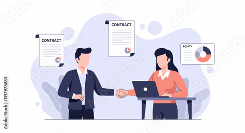 Two business people shaking hands after signing a contract agreement.