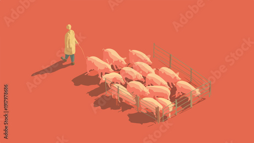 Farmer herding pink pigs into a pen with a shadow cast by the sun