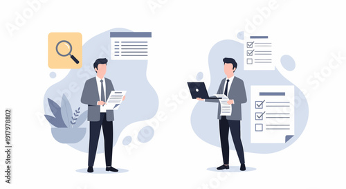 Two business people working with documents and a laptop performing tasks and analysis.