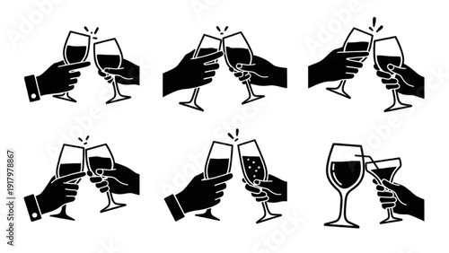 Vector Icon Sheet of Hands Clinking Wine Glasses in Celebration from Various Viewpoints
