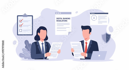 Two business professionals reviewing important documents for compliance and regulations.