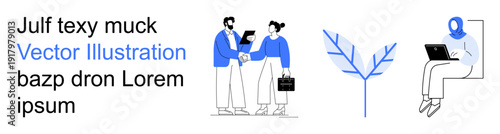 Business relationships, digital communication, teamwork, remote work, growth, innovation. Two people shaking hands, a minimalist leaf design a person working on a laptop. Business relationships