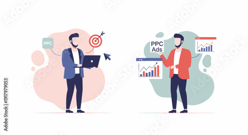 Two men engaged in digital marketing and business analytics activities.