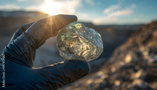Gloved hand holding large raw diamond in sunlight outdoors