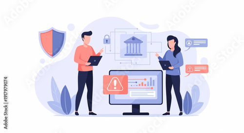 Two people are managing a secure online banking system with data protection.