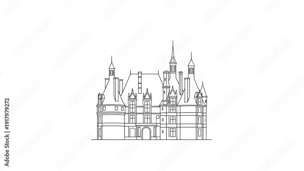 Obraz premium Elegant chateau outline drawing on a white background.