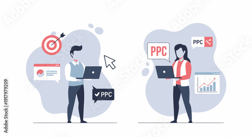 Two people working on PPC advertising campaigns using laptops and digital marketing tools.