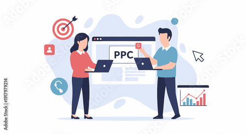 Two people working on PPC advertising campaign strategy with laptops.