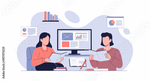 Two women collaborating on a business project with data analysis and digital tools.