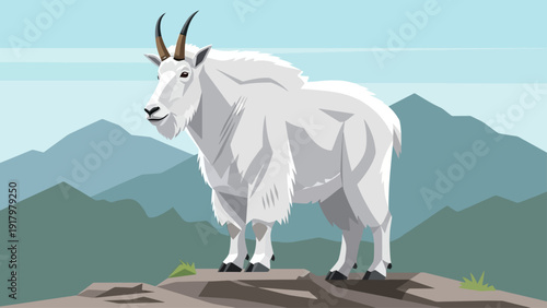 A majestic mountain goat stands proudly on a rocky outcrop with mountains in the background.