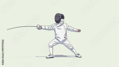 Fencer in protective gear holding a foil, ready for action