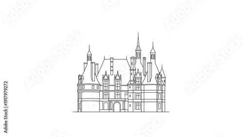 Elegant chateau outline drawing on a white background.