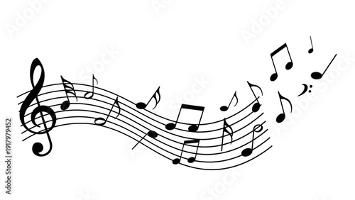 Dynamic musical notes on a flowing staff