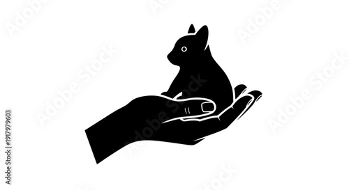Human hand holding small animal silhouette, black and white flat vector, strong contour lines, minimal design, wildlife protection symbol, isolated on white background, NGO campaign concept