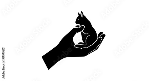 Human hand holding small animal silhouette, black and white flat vector, strong contour lines, minimal design, wildlife protection symbol, isolated on white background, NGO campaign concept