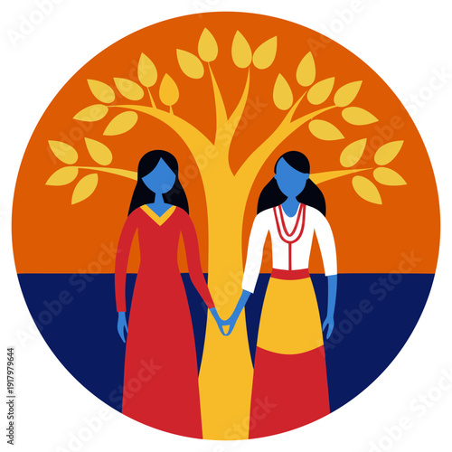 Hand drawn circular mural, vector art illustration of two stylized figures