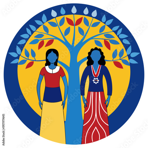 Hand drawn circular mural, vector art illustration of two stylized figures