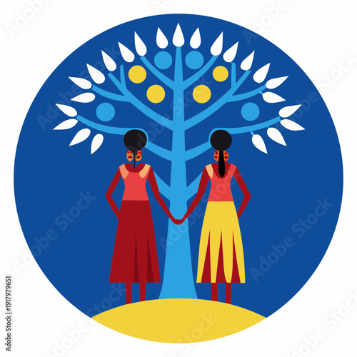 Hand drawn circular mural, vector art illustration of two stylized figures