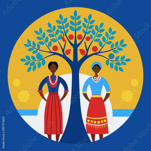Hand drawn circular mural, vector art illustration of two stylized figures