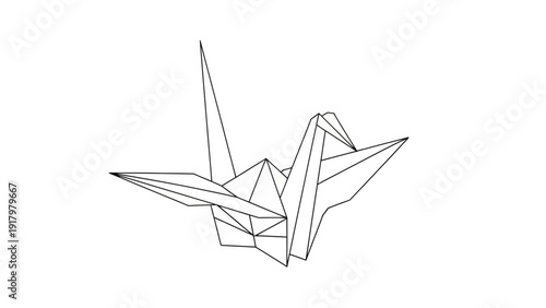 Origami crane bird made of paper, minimalistic line art