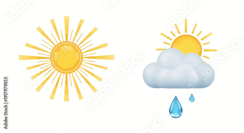Bright Sun & Rainy Cloud Weather Icons for Forecast and Climate