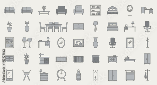 Large Minimal Outline Home Furniture & Interior Decor Icons Set