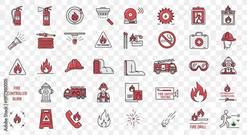 Colorful Fire Safety and Emergency Response Icons with Red Accents