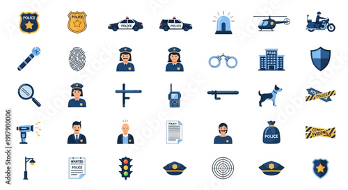 Colorful Police and Law Enforcement Icons Set for Public Safety