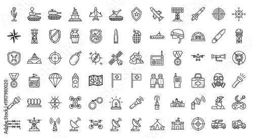 Warfare & Defense Outline Icons Set for Military and Security Applications