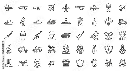 Extensive Military & Army Outline Icons with Vehicles and Personnel
