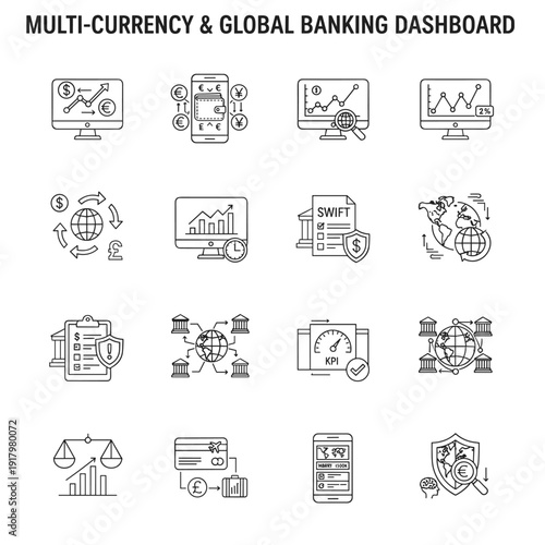 Multi currency and global banking dashboard line icons set with exchange swift international payments on white background concept of worldwide finance analytics