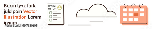 Digital health records, cloud technology, scheduling tools, data organization, healthcare, future innovation. Icons of medical history, cloud and calendar. Digital health and cloud technology