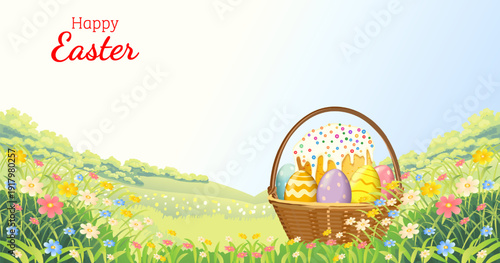Easter horizontal vector illustration with traditional cake and painted eggs in wicker basket on blooming spring field and copy space for text.