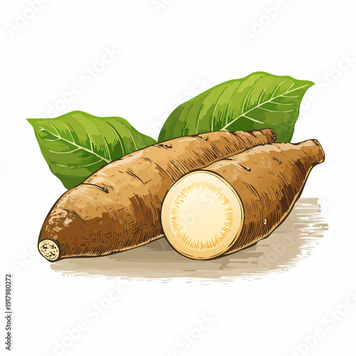 Illustration of a cut yuca root with green leaves on a plain surface from a slightly angled viewpoint