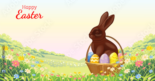 Easter horizontal vector illustration with chocolate bunny in wicker basket with painted Easter eggs on blooming spring field and copy space for text.