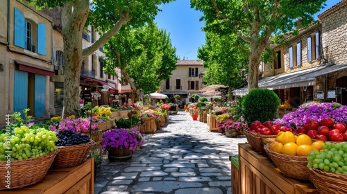 Vibrant Open-Air Market with Colorful Fruit Stalls, Lush Green Trees, and Bustling Atmosphere in a Charming Mediterranean Village