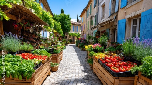Vibrant Market Street with Colorful Flowers and Fresh Vegetables in a Charming European Village on a Sunny Day