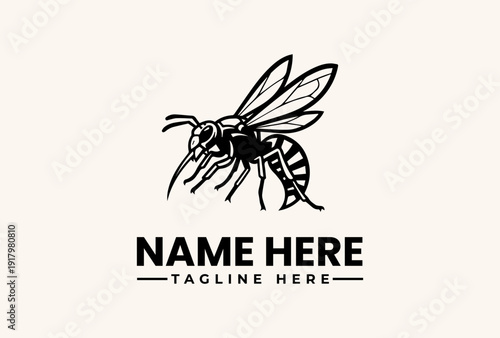 Black and white illustration of a bee with wings spread, positioned above a placeholder logo text on a clean background, in a simple graphic design.