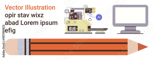 Artificial intelligence, design process, industrial equipment, creative tools, technology development, workspace setup. Vector machine, pencil and computer screen. AI and design process concept