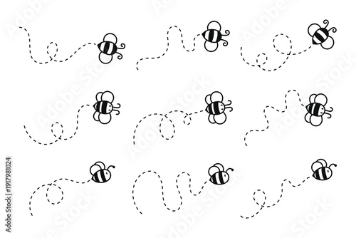 Cartoon Bee Flight Path Overlay Collection with Cheerful Flying Bees Featuring Dashed Motion Trails and Playful Expressions on White Background for Educational, Children’s, and Decorative Graphics
