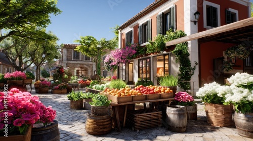 Vibrant Marketplace Scene with Colorful Flowers and Fresh Produce in Quaint European Village Surrounded by Charming Architecture and Lush Greenery
