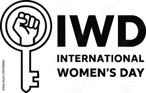 Iwd international womens day logo concept with key and raised fist symbol in black and white outline