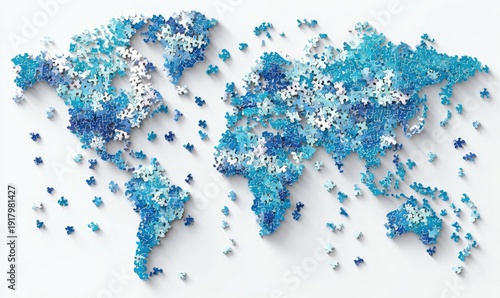 World map rendered from jigsaw pieces in shades of blue and white, casting shadows