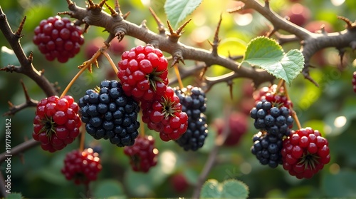 Ripe Blackberries and Red Berries on Thorny Bramble Branch in Morning Sunlight