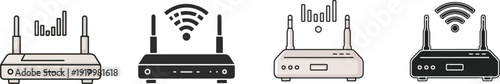 Black and white illustration of two wireless routers with wifi signals and antennas
